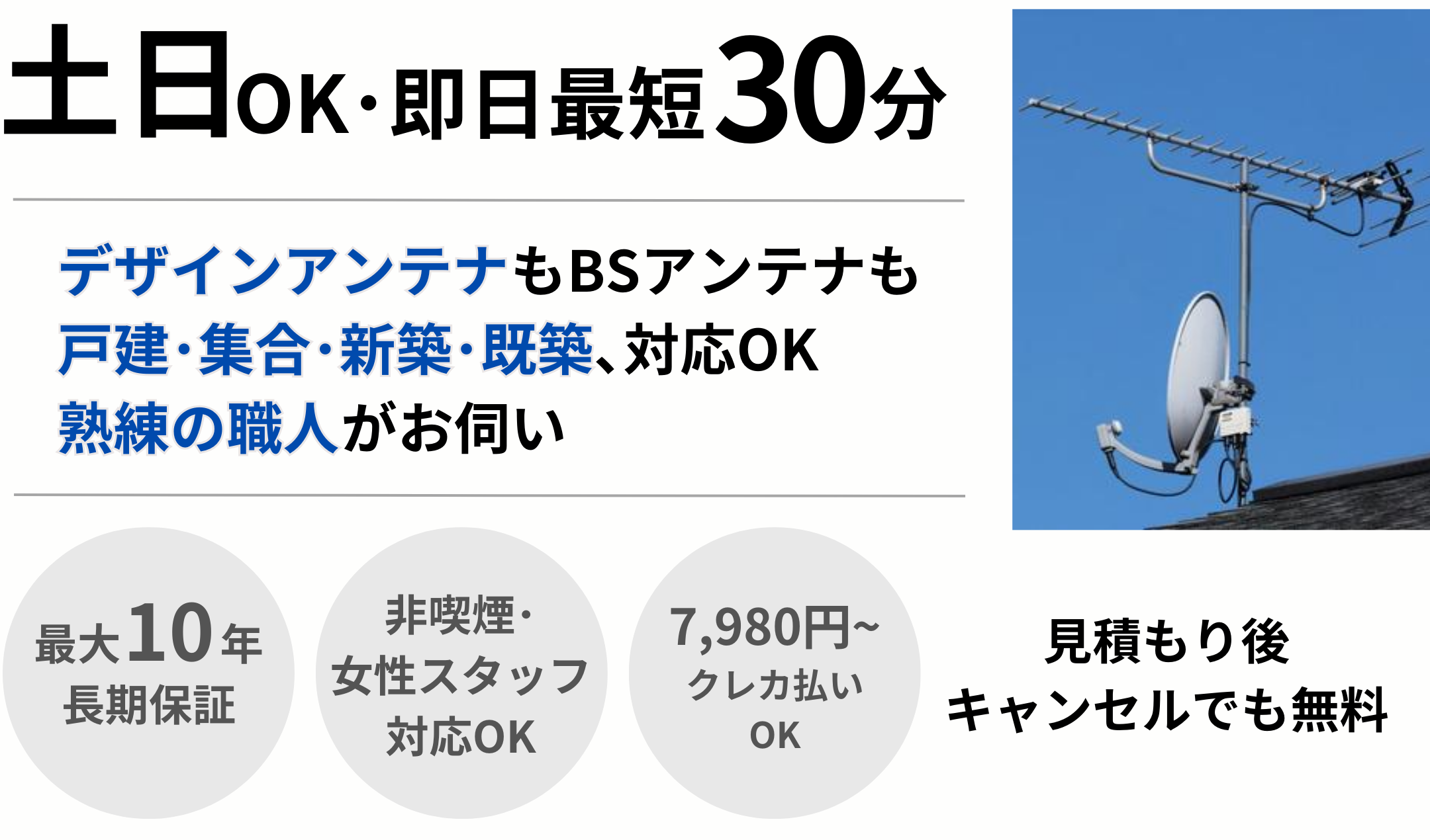 アンテナ工事 土日OK･即日最短30分 デザインアンテナもBSアンテナも 戸建･集合･新築･既築､対応OK 熟練の職人がお伺い 最長10年長期保証 非喫煙･女性スタッフ対応OK 7,980円〜クレカ払いOK 見積もり後キャンセルでも無料