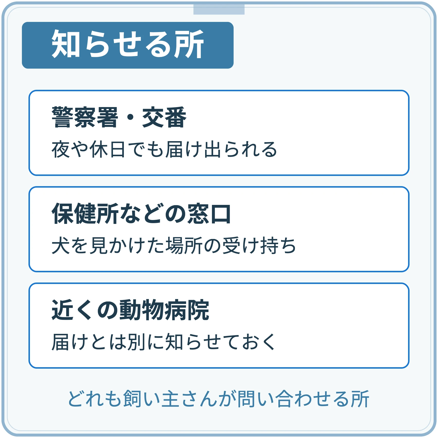 迷子犬を見かけたら知らせる所は、夜や休日でも届け出られる警察署・交番、犬を見かけた場所を受け持つ保健所などの窓口、近くの動物病院の3か所