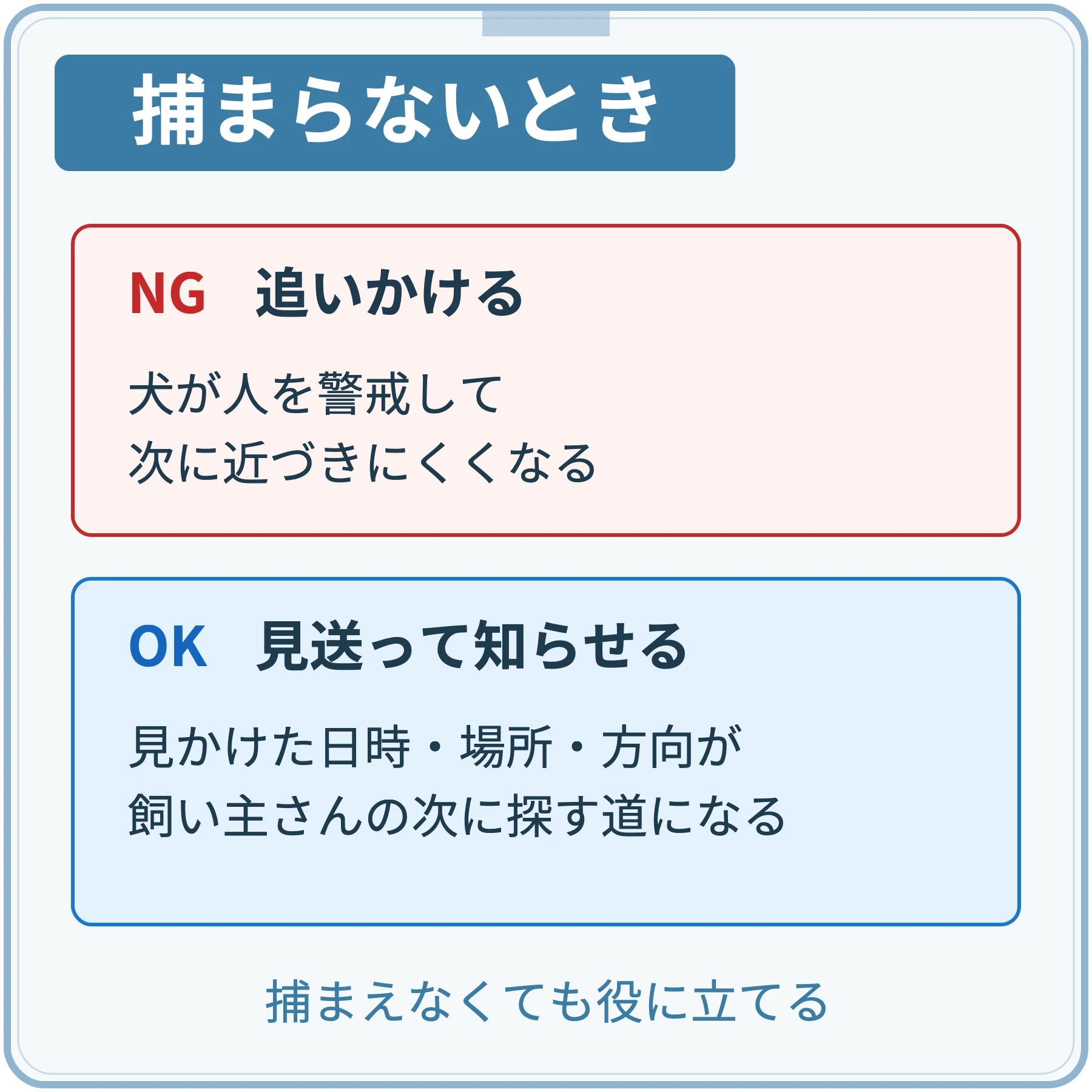 捕まらない迷子犬を追いかけると、犬が人を警戒して次に近づきにくくなる。見送って、見かけた日時・場所・方向を知らせると、飼い主さんが次に探す道の手がかりになる