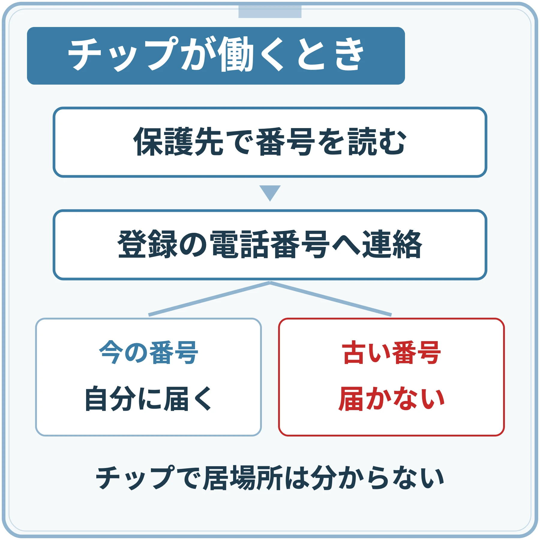 マイクロチップは保護先で番号を読み取ると、登録の電話番号へ連絡が行く。登録が今の番号なら自分に届き、古い番号のままだと届かない。チップで居場所は分からない